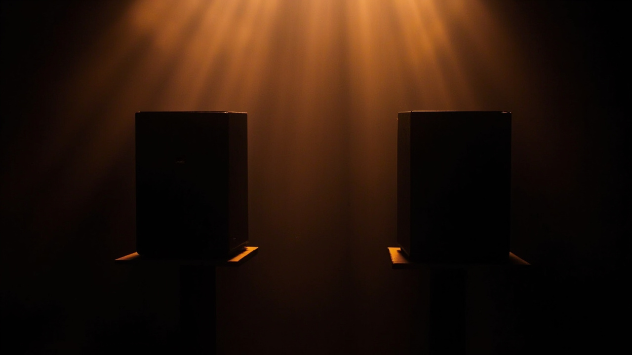 Two studio monitors on stands in a dark room, lit from behind by warm light