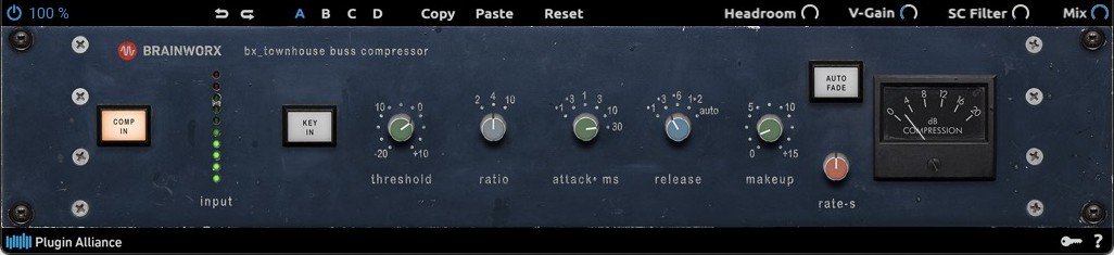 Brainworx bx_townhouse buss compressor on David's Mix A bus: the plugin's own control strip across the top with Headroom, V-Gain, SC Filter and Mix, then threshold, ratio, attack, release and makeup across the face, with the dB compression VU on the right