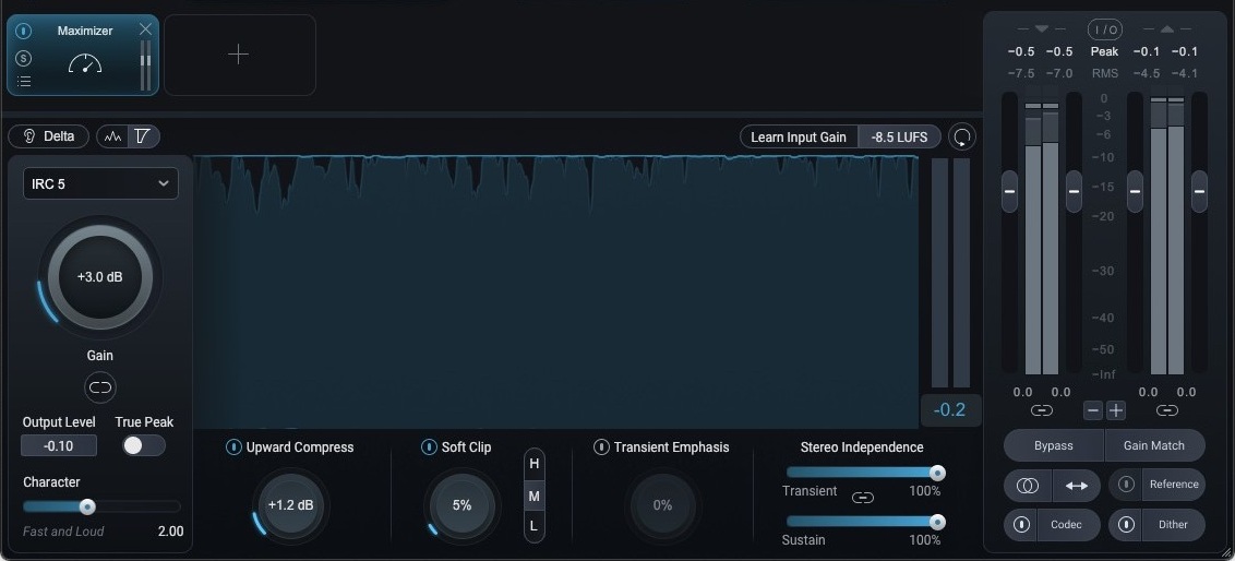 Ozone 12 Maximizer on David's master bus: IRC 5, gain plus 3.0 dB, output level minus 0.10, soft clip 5 percent, character 2.00 at the fast and loud end, input learned at minus 8.5 LUFS