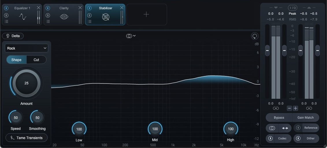 Ozone 12 on David's master bus running Equalizer, Clarity and Stabilizer, with Stabilizer open on the Rock shape at amount 25, speed 50 and smoothing 50