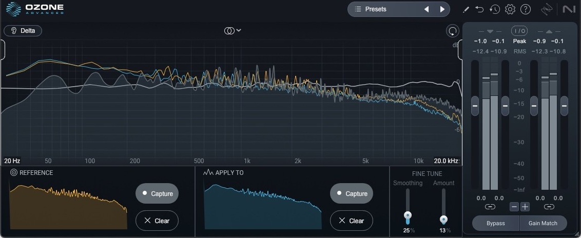 Ozone 12 Match EQ on David's Mix A bus with a reference captured in amber and the mix captured in blue, smoothing 25 percent, amount 13 percent