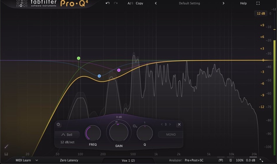 FabFilter Pro-Q 4 as David runs it, four bands on the analyzer