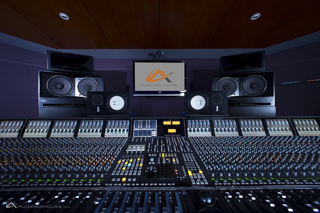 Studio control room with console and monitors
