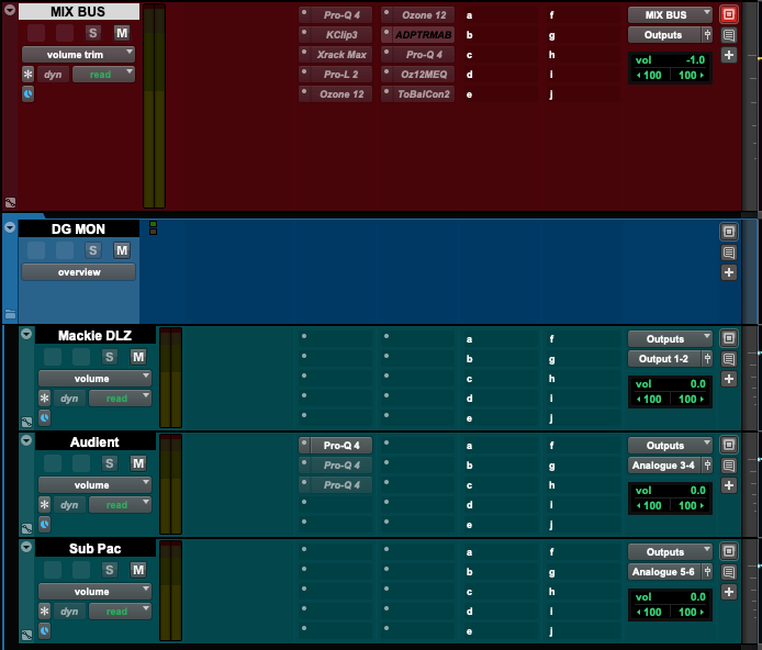 Pro Tools routing with the calibration EQ applied only to the DG MON headphone monitoring path, kept off the mix bus