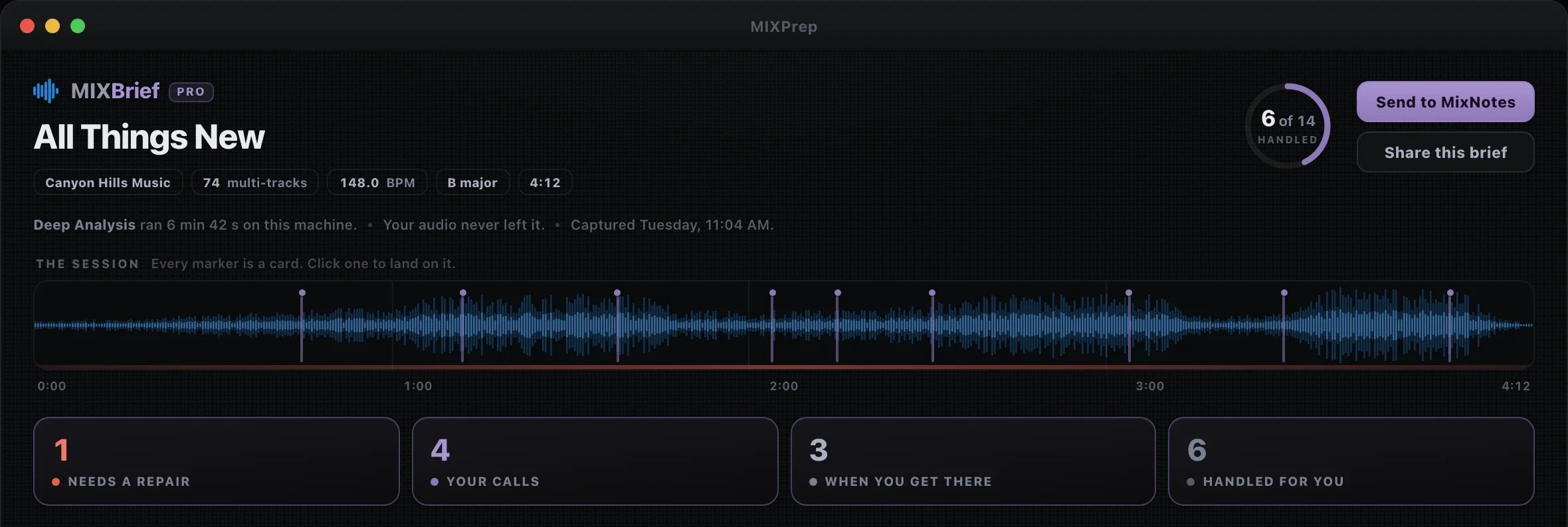 MIXBrief Pro: the command center reading a full session