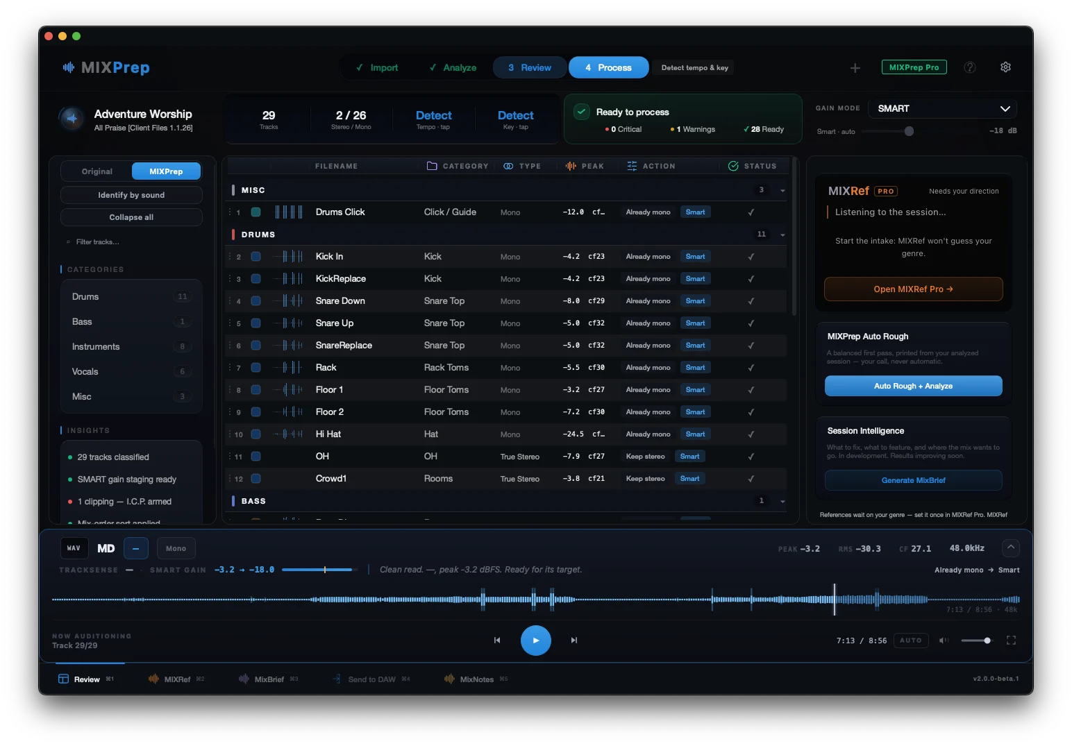MIXPrep 2.1: the review screen, 29 tracks identified and ready to process