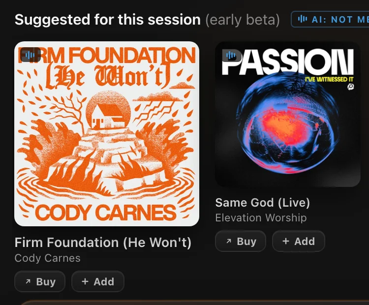 MIXRef suggesting references for the session: Firm Foundation (He Won't) by Cody Carnes and Same God (Live) by Elevation Worship, each with a buy and an add button