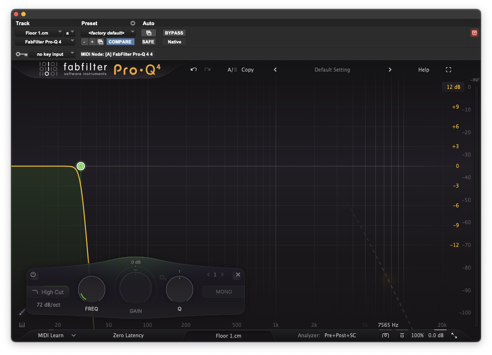 FabFilter Pro-Q 4 high cut filter alone at 72 dB per octave, positioned low around 30 Hz, on a track named Floor 1.cm