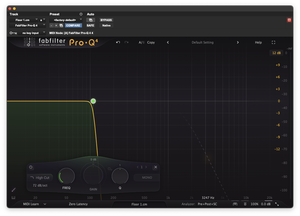 The same FabFilter Pro-Q 4 high cut filter swept up to sit around 100 Hz, still at 72 dB per octave