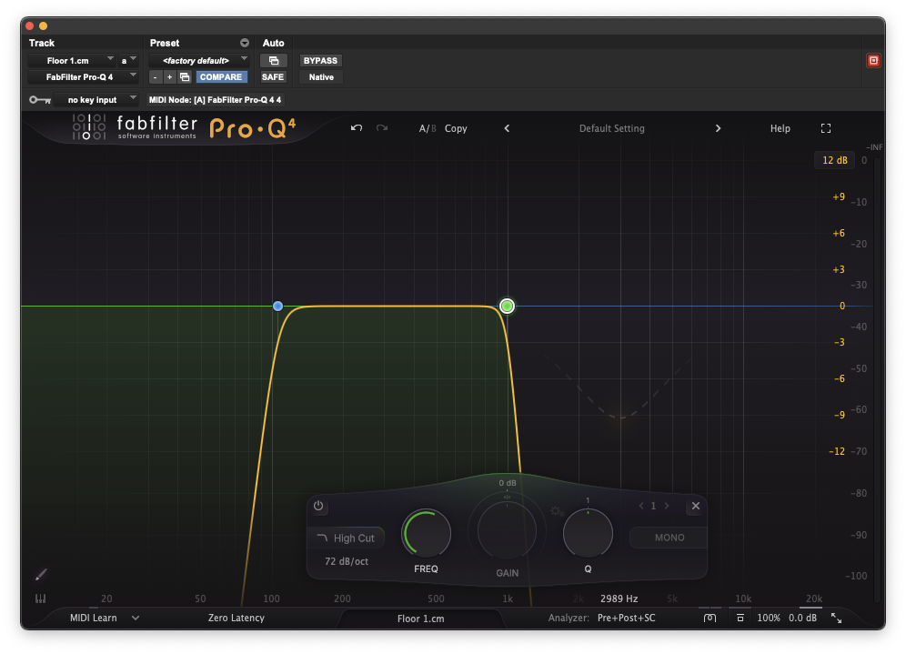 FabFilter Pro-Q 4 with both a low cut around 100 Hz and a 72 dB per octave high cut around 1 kHz, bracketing one band