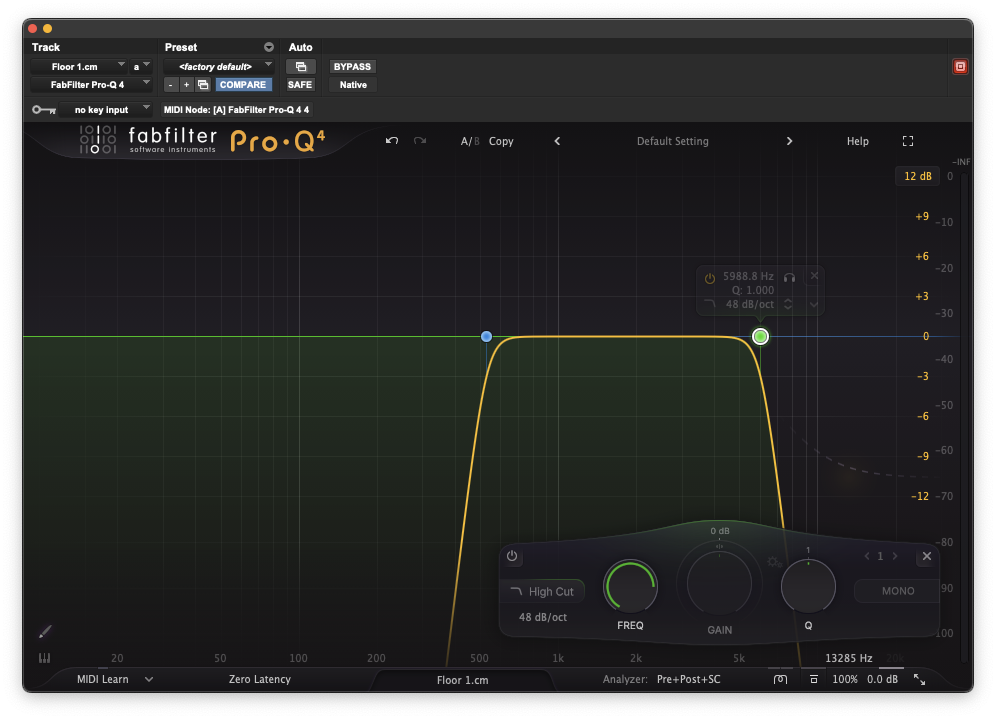 FabFilter Pro-Q 4 with a wider bracket, low cut around 500 Hz and high cut at 5988.8 Hz, both at a gentler 48 dB per octave