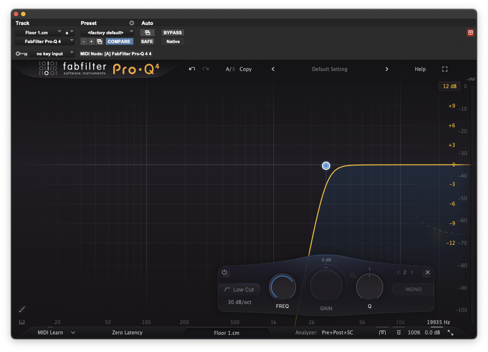FabFilter Pro-Q 4 low cut filter alone at 30 dB per octave, positioned around 2 kHz, isolating the top end