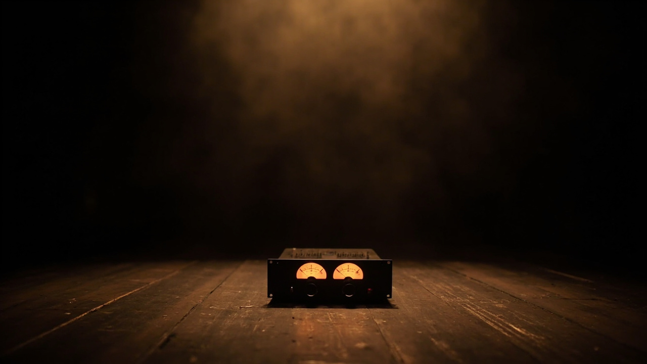 A stereo bus compressor standing alone on a dark stage, its two needle meters lit warm amber