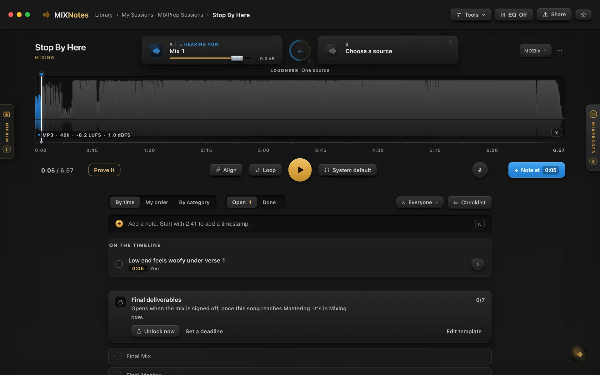 MIXNotes on Stop By Here: the mix on the timeline and the note Low end feels woofy under verse 1 at 0:05