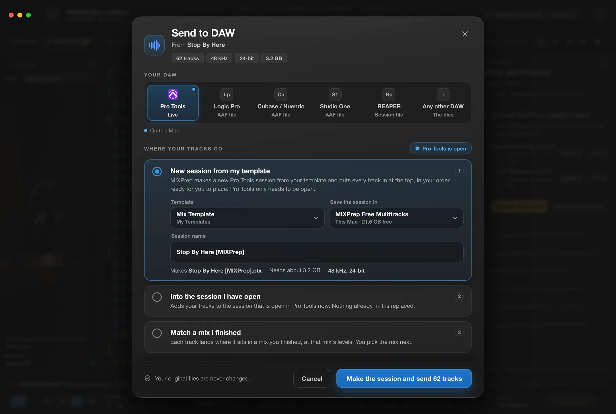 The Send to DAW screen: Pro Tools picked, New session from my template with a template chosen, and the button Make the session and send 62 tracks.